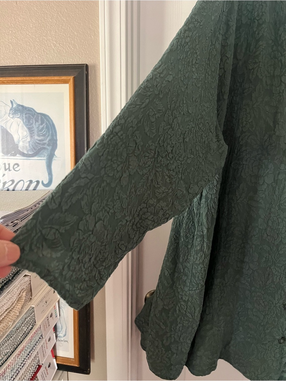 URU szXL Vintage-Style Textured 100% Silk Dark Green Button Front Dress/Duster - Picture 4 of 8